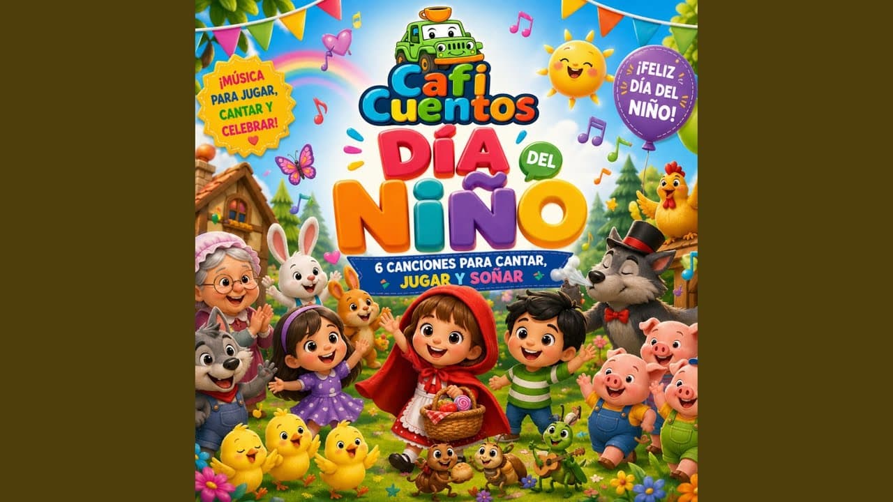 Carátula del álbum A Jugar y Cantar: Canciones para el Día del Niño de Caficuentos canciones